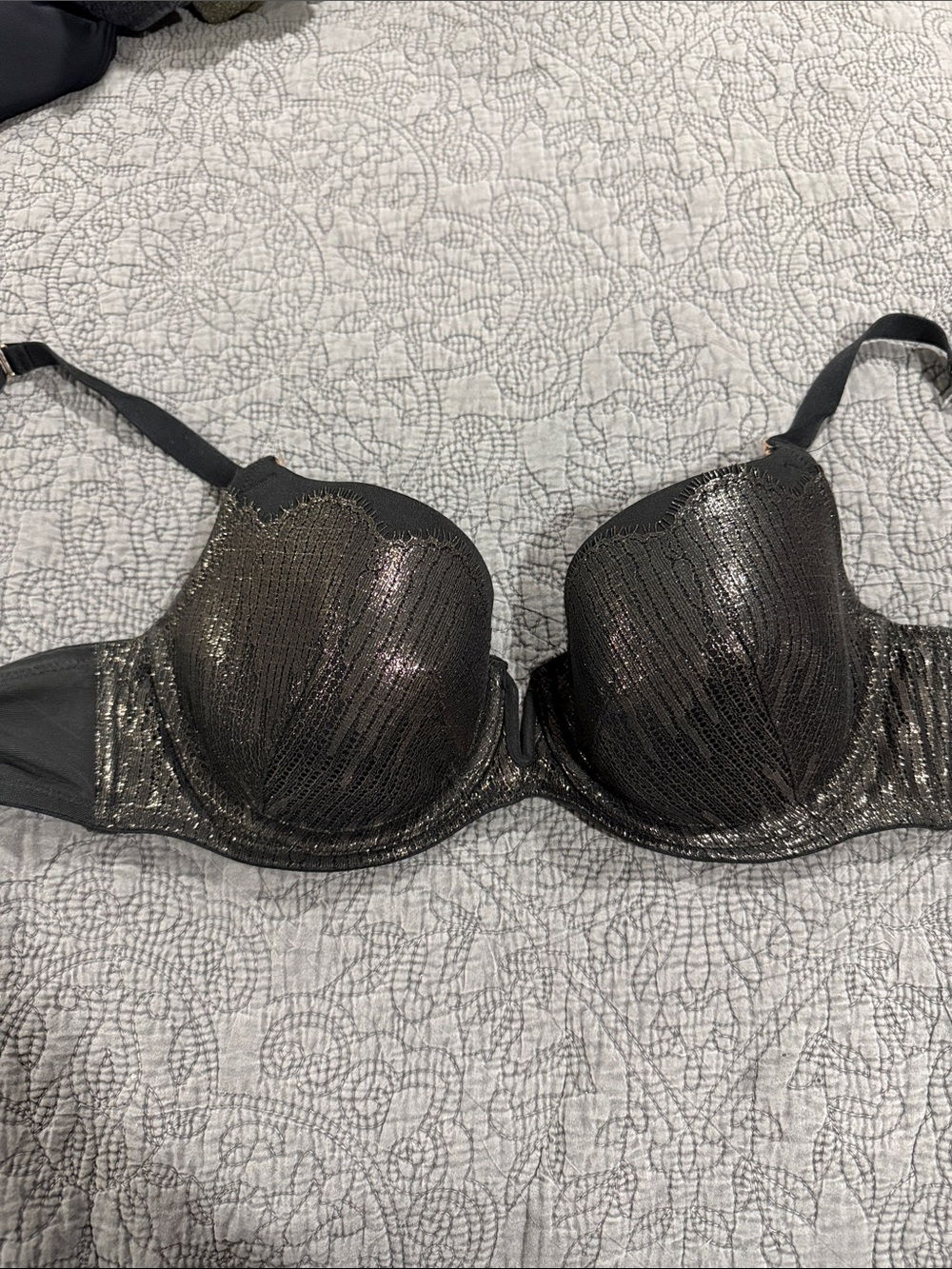 Cacique Shimmer Lace-Overlay Underwire Bra in Metallic Black